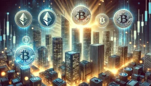 A futuristic cityscape featuring towering, sleek corporate buildings illuminated by glowing lights. In the foreground, bright symbols representing cryptocurrencies like Bitcoin and Ethereum stand out, highlighting the contrast between centralized corporate power and decentralized digital currencies. The scene is bathed in a palette of rich blues, silvers, and golden accents, evoking a sense of technological innovation and financial disruption.