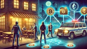 A featured image for a crypto news article about a Pakistani cryptocurrency trader's kidnapping. The scene includes elements representing digital assets such as crypto coins and wallet icons, with a tense urban background depicting a dimly lit restaurant and a police vehicle. The image also shows figures in plain clothes, one appearing as a law enforcement officer, symbolizing the involvement of security forces in the incident. A symbolic depiction of digital funds being transferred, represented by glowing lines connecting devices, emphasizes the extortion theme. The overall tone should be serious and dramatic.