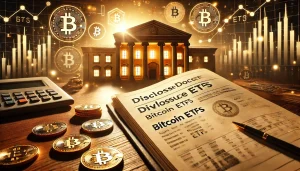 A high-ranking government official's disclosure document lying open on a wooden desk, showing investment details in Bitcoin ETFs alongside traditional stock ETFs. In the background, a symbolic representation of Bitcoin, with subtle golden coins and digital network nodes, contrasted against a government building silhouette.