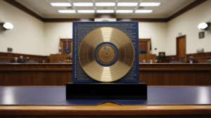 A close-up shot of a plain music album with a gold record award sitting on a wooden table in a courtroom. The album has a blue background and gold text. The gold record award has a circular shape with a raised center and is mounted on a black base. The courtroom has a wooden bench and a few items on the wall. The lighting is bright.