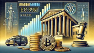 An illustration representing a major legal and financial event in the cryptocurrency market. The foreground should feature several stacks of Bitcoin coins and a digital screen displaying a declining price chart. The background should subtly show a U.S. federal courthouse with pillars, hinting at legal proceedings. Incorporate a government emblem or seal to emphasize the involvement of the U.S. government. Use a serious, professional color palette dominated by gold, dark blue, and gray, conveying the gravity of the situation.