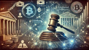  a U.S. government gavel striking a blockchain network, with key elements representing Coinbase, Polymarket, and the CFTC subpoena. The scene is framed with financial data graphs, emails, and a futuristic depiction of digital markets. Subtle election-related motifs and users interacting with prediction markets are integrated in the background.