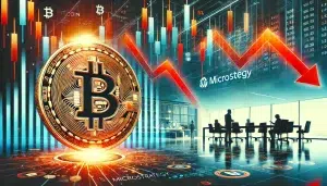 A featured image for a crypto news article about MicroStrategy's recent stock decline and Bitcoin strategy. The image shows a dramatic financial chart with a downward trend, a stylized depiction of a Bitcoin coin in the foreground, and a corporate office in the background symbolizing MicroStrategy. The colors are bold and contrasting, emphasizing the volatility of the crypto market. A subtle overlay of digital data streams and a financial dashboard enhance the tech-driven context of the story.