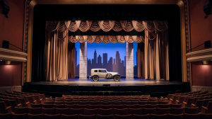 A photo of the inside of a theater. The stage is at the front. The stage is set up with a vintage car. There are large curtains and a backdrop with a city skyline. The theatre seats are arranged in rows facing the stage. The lighting is dim.