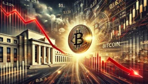  a digital Bitcoin symbol in gold hovering over a red descending graph line, with stormy financial charts and numbers in the background. The image includes subtle hints of the Federal Reserve building silhouette in the distance, symbolizing its looming influence on the market, while maintaining a futuristic, tech-inspired aesthetic.