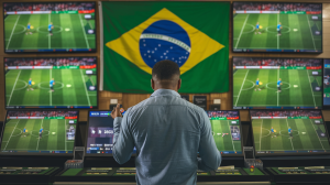 A cinematic shot of a man in Brazil making a bet on a football game. He is standing in a betting shop with multiple screens displaying live football matches. The background reveals a football pitch with the Brazilian national team playing. There's a Brazilian flag on the wall.