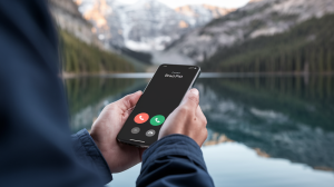 A close-up shot of a person holding a phone with a screen displaying an incoming call from 'Brad Pitt'. The background is blurred, showing a calm lake with reflections of the mountains and trees. The atmosphere is peaceful.