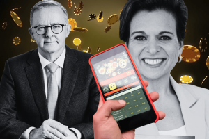 AFL and NRL 'lobbied PM before gambling ad reforms delayed to 2025' - report. Collage featuring Anthony Albanese in a suit and tie, and Michelle Rowland, a smartphone displaying a gambling app, and floating golden coins in the background.