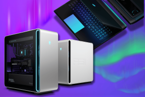 Alienware revives iconic Area-51 line with upgraded laptops and a new desktop. Alienware Area-51 laptop and desktop in front of purple background with Aurora Borealis.