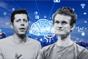 Altman calls for acceleration while Buterin urges 'soft pause' on AI superintelligence. Sam Altman and Vitalik Buterin pictured with a digital cloud and technology icons in the background, symbolizing AI and innovation.