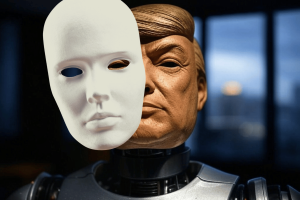 An artistic composition featuring a robotic figure with a half-mask of Donald Trump. The left side of the face is covered by a smooth, expressionless white mask, while the right side reveals a textured, human-like face. The background is dimly lit, creating a mysterious and dramatic atmosphere. Are AI generators training on real people's images Legal experts say it could be a problem