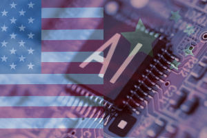 Biden introduces new AI chip export rules to curb China’s access amid anger from tech firms. Illustration of AI chip with overlapping flags of the United States and China, symbolizing geopolitical tensions over AI technology export rules.