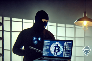 Canadian crypto moderator 'targeted in violent kidnapping' over alleged Bitcoin fortune - report. Masked kidnapper in a dimly lit room holding a laptop displaying a Bitcoin symbol, creating a tense and dramatic atmosphere.