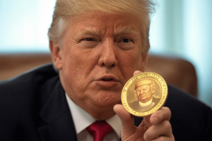 Concerns raised as Trump’s memecoin surges, making $11.4M in fees. The image shows Donald Trump holding a memecoin close to their face.