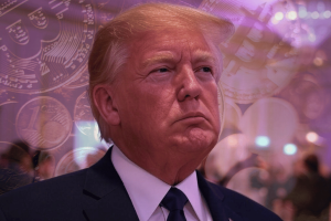 Crypto community hosts inaugural ball supporting Trump’s policies in DC. A portrait of a serious-looking Donald Trump with a background featuring cryptocurrency symbols and a blurred event atmosphere, symbolizing his association with pro-crypto policies.