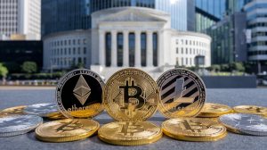 A photo of the U.S. Securities and Exchange Commission (SEC) building with cryptocurrency coins arranged around it. There are Bitcoin, Ethereum, and Litecoin coins. The background is a city with tall buildings. The lighting is bright.