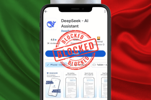 DeepSeek AI 'pulled from Italy’s app stores' amid data privacy concerns. Smartphone screen showing the DeepSeek AI Assistant app listing with a 'Blocked' stamp overlayed, set against the Italian flag background.