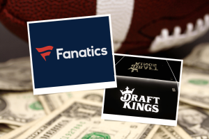 Image showing the Fanatics and DraftKings logos overlaid on a background of U.S. dollar bills and a football, symbolizing the legal dispute involving trade secrets between the two companies.