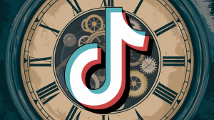 An illustration of the TikTok logo with a large red play button. Behind the logo, there's a clock with a ticking mechanism. The clock is made of gears and has a worn-out, vintage appearance.