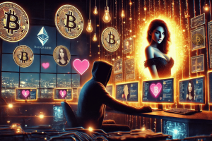 A dark and moody illustration of a hacker disguised as a beautiful woman online, seated in a dimly lit room with multiple computer screens. The screens display a glamorous female avatar used for deception. Cryptocurrency symbols, such as Bitcoin and Ethereum, glow as they appear to float out of a computer screen, symbolizing stolen funds. The hacker's face is obscured in shadow, emphasizing anonymity, while the background features faint city lights visible through a window, adding a sense of urban intrigue. Hong Kong police bust syndicate using AI deepfakes for romance crypto scams