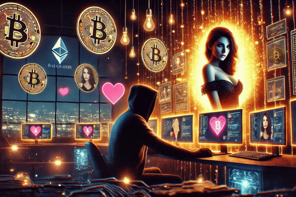 A hooded individual sits at a desk surrounded by digital screens displaying romantic images and cryptocurrency symbols, with floating Bitcoin coins, glowing light bulbs, and a glamorous woman illuminated behind a bright golden glow, suggesting a virtual manipulation related to romance scams involving Hong Kong.