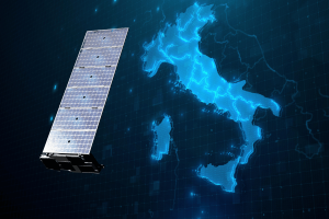 Italy nears €1.5B deal with SpaceX for secure telecommunications. Illustration of a satellite panel alongside a digital map of Italy, highlighting secure telecommunications and satellite connectivity.