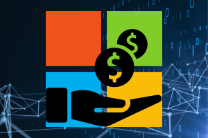 Microsoft AI revenue hits $13B annually, but cloud growth disappoints investors. A graphic featuring the Microsoft logo with dollar symbols and a hand icon, representing financial growth and revenue. The background displays a digital network pattern with binary code.