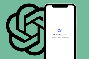 OpenAI accuses DeepSeek of using its AI models without permission. A graphic showing OpenAI’s logo on the left and a smartphone screen on the right displaying the DeepSeek chatbot interface. The phone screen reads, 