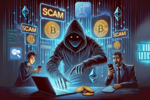 Suspects target remote job seekers, stealing millions in crypto scam. AI image of scammers stealing cryptocurrency from jobseekers