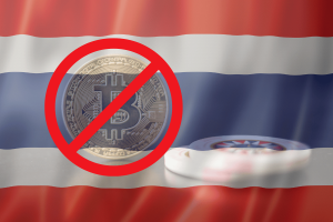 Image showing Thailand's flag in the background, with a prominent Bitcoin logo overlaid with a red prohibition sign, symbolizing a ban on cryptocurrency activities. Thailand moves to ban Polymarket over illegal online gambling concerns.