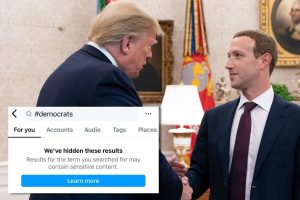 Trump and Zuckerberg shaking hands with a screenshot of the limited search results