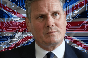 UK set to unleash AI for national renewal as PM Starmer promises jobs and growth. An AI close-up of UK Prime Minister Keir Starmer, with a background combining the Union Jack flag and a circuit board design, symbolizing artificial intelligence and technological innovation.