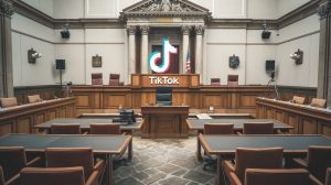 An empty courtroom with the TikTok logo standing at the witness box