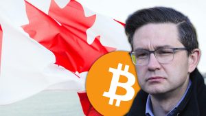 Poilievre, BTC logo and Canadian flag