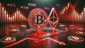 A futuristic digital representation of Bitcoin (BTC) and Ethereum (ETH) logos, glowing red against a dark background with falling price graphs and stock market icons to symbolize the decline.