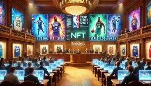 A dynamic auction scene at Sotheby's, showcasing both digital and physical NBA memorabilia. Include futuristic digital displays featuring vibrant NBA Top Shot NFT moments alongside classic sports collectibles like player jerseys. The setting should blend modern tech aesthetics with the elegance of a prestigious auction house, emphasizing the intersection of digital innovation and traditional sports culture.