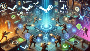 A futuristic, vibrant gaming scene showcasing players engaged in intense combat in a top-down arena-style shooter. The environment features high-tech weaponry, glowing virtual elements, and holographic UI overlays. In the background, display logos for popular gaming platforms like Steam, PlayStation 5, Epic Games Store, and Android devices, with subtle hints of blockchain and NFT concepts—represented by digital tokens and tradable skins floating as stylized icons. Ensure a clean, dynamic composition that conveys the cross-platform nature of the game without focusing on specific characters or logos.