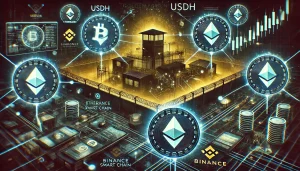 An ominous black market scene featuring abstract representations of digital currencies and data flows. A dark-themed blockchain network with multiple coins labeled USDH, interconnected through Ethereum, Binance Smart Chain, and Tron logos. The background shows a fortified compound with high walls, barbed wire, and barred windows, symbolizing the Golden Fortune compound. Overlaid digital elements include messaging apps and wallets, emphasizing the illicit nature of Huione's ecosystem.