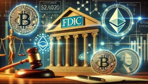 A symbolic image depicting the tension between traditional banking and the cryptocurrency industry. A bank building with the FDIC logo is surrounded by glowing cryptocurrency icons like Bitcoin and Ethereum, representing digital finance. In the foreground, a judge’s gavel and scattered documents highlight ongoing legal scrutiny and regulatory actions, creating a serious and investigative atmosphere.