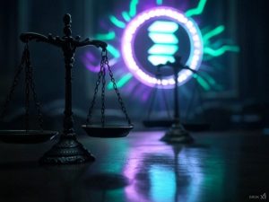 A dramatic close-up of a dark courtroom interior, with looming silhouettes of scales of justice and a large Solana (SOL) coin symbol glowing ominously in the background. Radiating lines of neon green and purple energy suggest digital transactions, memecoin speculation, and looming legal tension. No people are visible—only symbolic objects conveying high-stakes controversy.