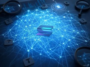 A digital representation of blockchain analysis, featuring interconnected nodes on a glowing network map highlighting Solana's logo. In the foreground, a shadowy cryptocurrency wallet icon exchanging digital coins, surrounded by charts showing volatility. Emphasize intrigue and scrutiny with magnifying glasses over wallet connections, hinting at insider trading.
