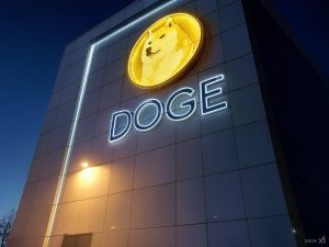 A sleek, modern U.S. government building facade at night with large neon letters spelling “DOGE,” and a glowing Dogecoin symbol seamlessly integrated into the architecture. Subtle futuristic details hint at official status, while the Dogecoin logo stands out in vibrant, eye-catching gold tones. No people visible.