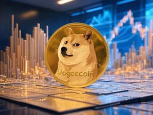 An image concept showcasing a futuristic, sleek financial trading platform with glowing charts and graphs, featuring a prominent Dogecoin logo at the center. The Dogecoin logo should be stylized with a gold sheen to emphasize its value and significance in the investment landscape. In the background, subtle imagery of a digital coin or blockchain network could complement the theme, while maintaining a professional and cutting-edge financial aesthetic. The colors should lean towards metallic tones, such as gold, silver, and blue, to convey trust and innovation.