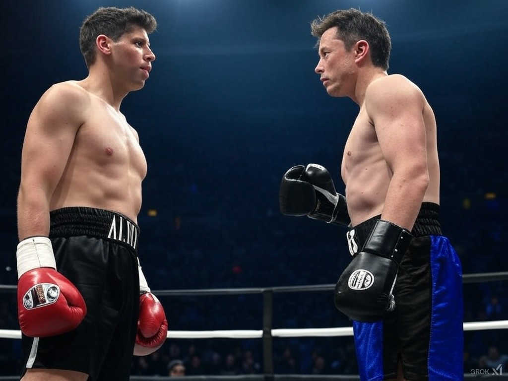 AI image of OpenAI CEO Sam Altman and X CEO Elon Musk in a boxing ring