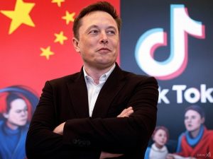 AI-generated Elon Musk stood up. Behind him is the Chinese flag and then TikTok logo on the right.