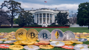 A photo of the US White House with cryptocurrency coins surrounding it. The lawn in front of the White House is covered with various cryptocurrency coins, including Bitcoin, Ethereum, and Litecoin. The background reveals the iconic White House building with its columns and the American flag flying high.