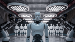 A cinematic shot of a room filled with humanoid robots and AI devices. In the foreground, a humanoid robot with a sleek design is standing. Behind it, there are multiple robot arms with cameras and microphones. Suspended from the ceiling are large, circular devices with a grid of smaller circles. The background contains multiple humanoid robots standing in a formation. The room has a industrial aesthetic, with concrete floors and exposed pipes.