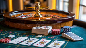 A photo of a roulette wheel in the background. In the foreground, there are cards and other games. The lighting is warm and soft.