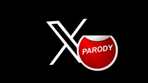 x logo with sticker saying parody