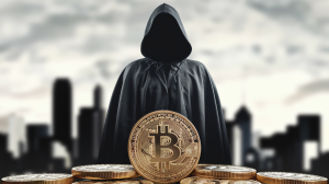 A cinematic shot of the creator of Bitcoin standing in the shadows, wearing a black cloak. Their face is not visible. The background is blurred, with a city skyline. In the foreground, there are Bitcoin coins.